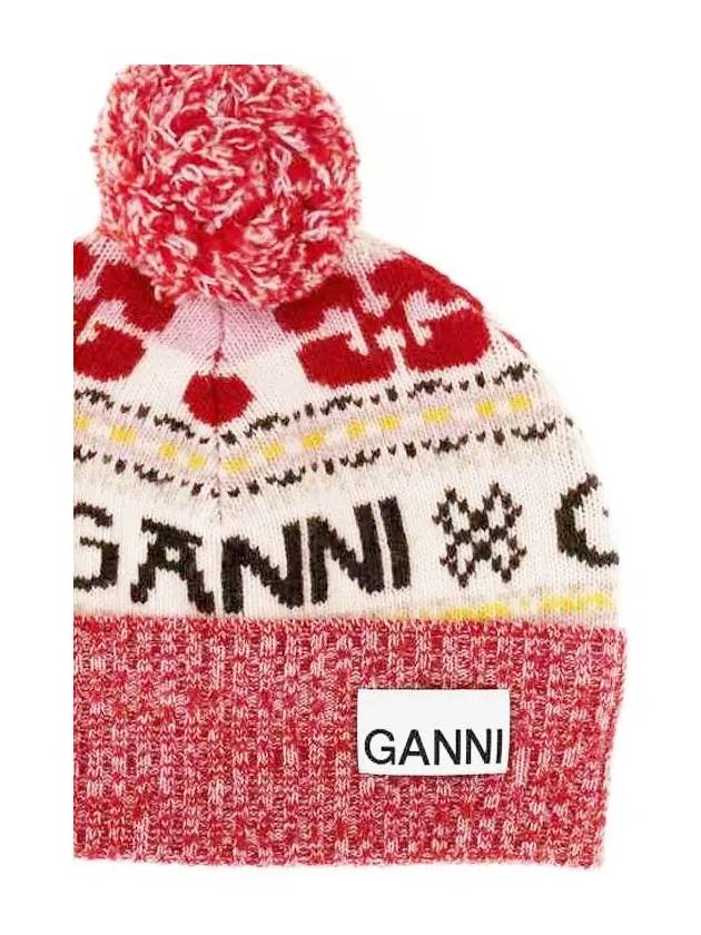 Logo Graphic Intarsia Knit Beanie Red - GANNI - BALAAN 5