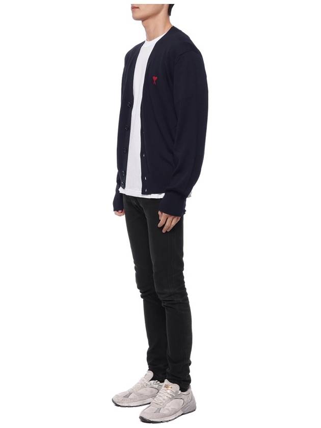 Red Heart Logo Merino Wool Cardigan Navy - AMI - BALAAN 5