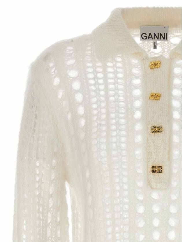 Mohair Lace Polo Knit Top White - GANNI - BALAAN 4