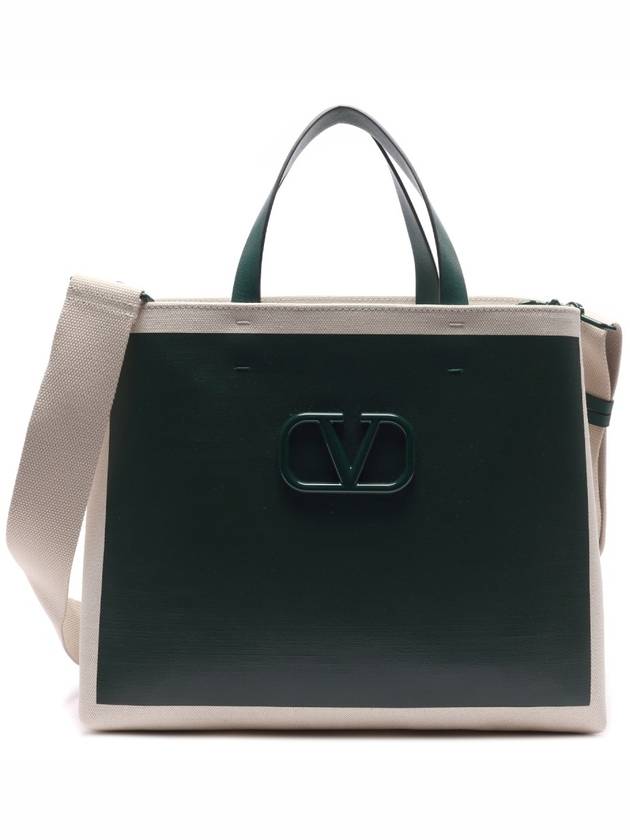 Signature V Logo Canvas Leather Tote Bag Natural Green - VALENTINO - BALAAN 2