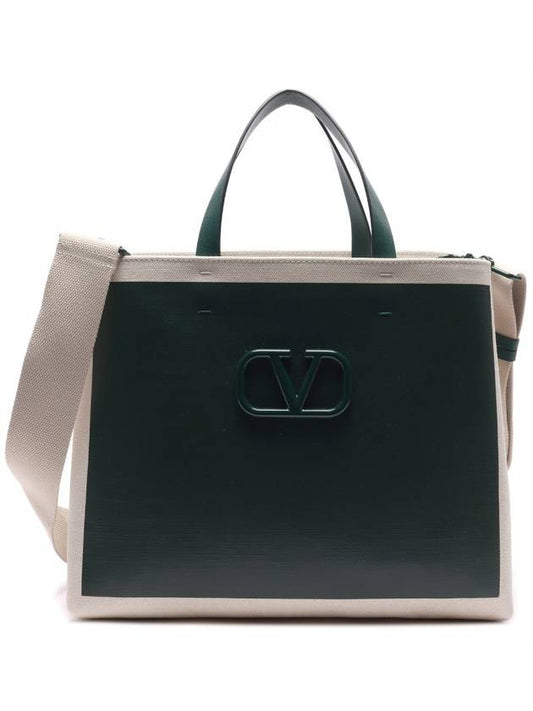 Signature V Logo Canvas Leather Tote Bag Natural Green - VALENTINO - BALAAN 2