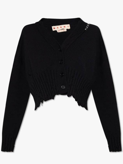 Embroidered Logo Distressed V-Neck Crop Cardigan Black - MARNI - BALAAN 2