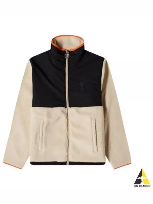 Logo Zip-up Shearling Jacket Beige - AMI - BALAAN 2