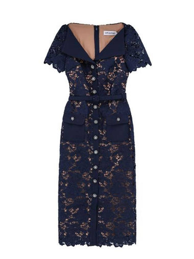 Lace Open Neck Midi Dress Navy - SELF PORTRAIT - BALAAN 1