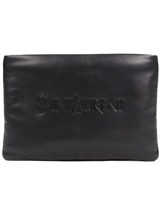 Embossed Logo Small Puffy Lamb Leather Clutch Bag Black - SAINT LAURENT - BALAAN 2