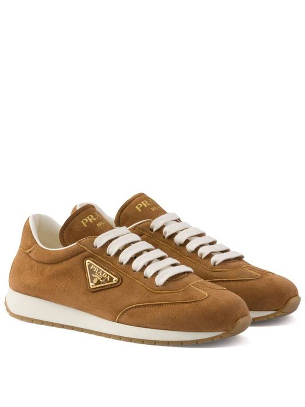 Enamel Logo Suede Low Top Sneakers Brown - PRADA - BALAAN 3