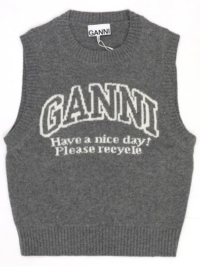 Logo Graphic Crew Neck Wool Knit Vest Grey - GANNI - BALAAN 2