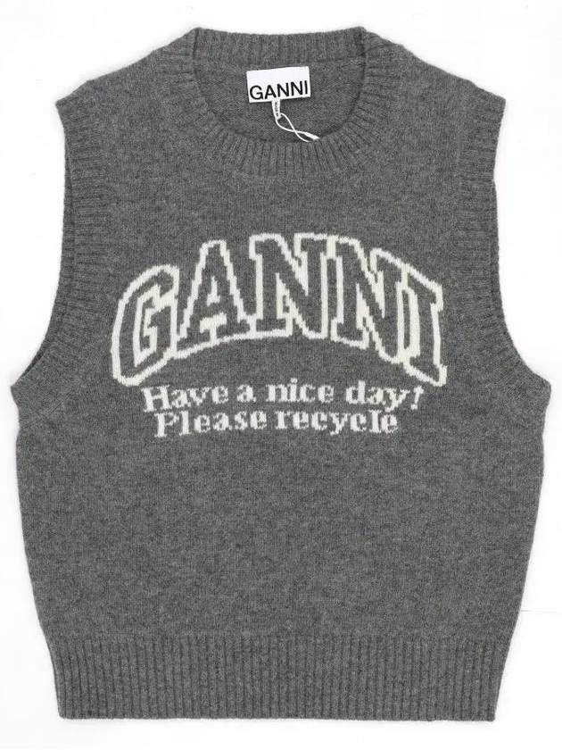 Logo Graphic Crew Neck Wool Knit Vest Grey - GANNI - BALAAN 3