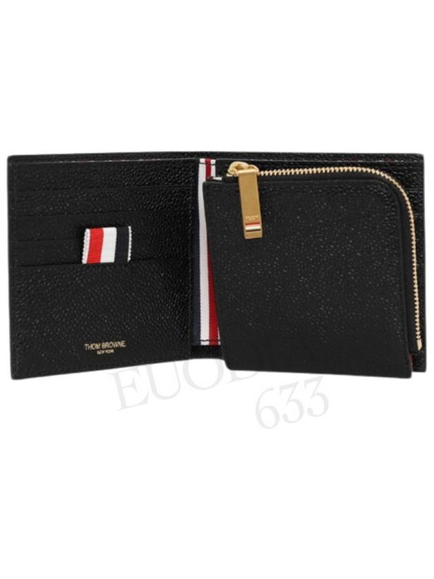 Caviar Leather Zipper Coin Pocket Bifold Half Wallet Black - THOM BROWNE - BALAAN 5