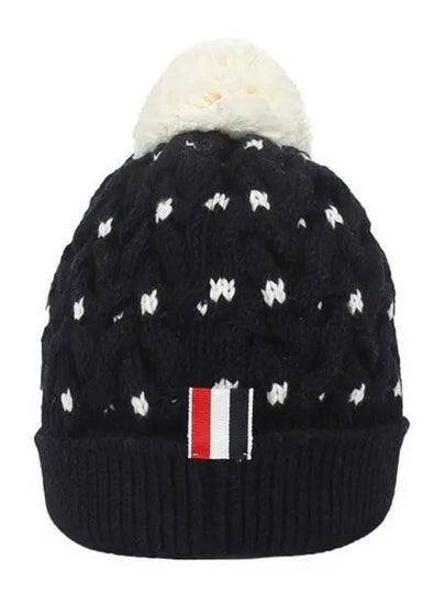 RWB Pompom Detail Virgin Wool Beanie Navy - THOM BROWNE - BALAAN 2