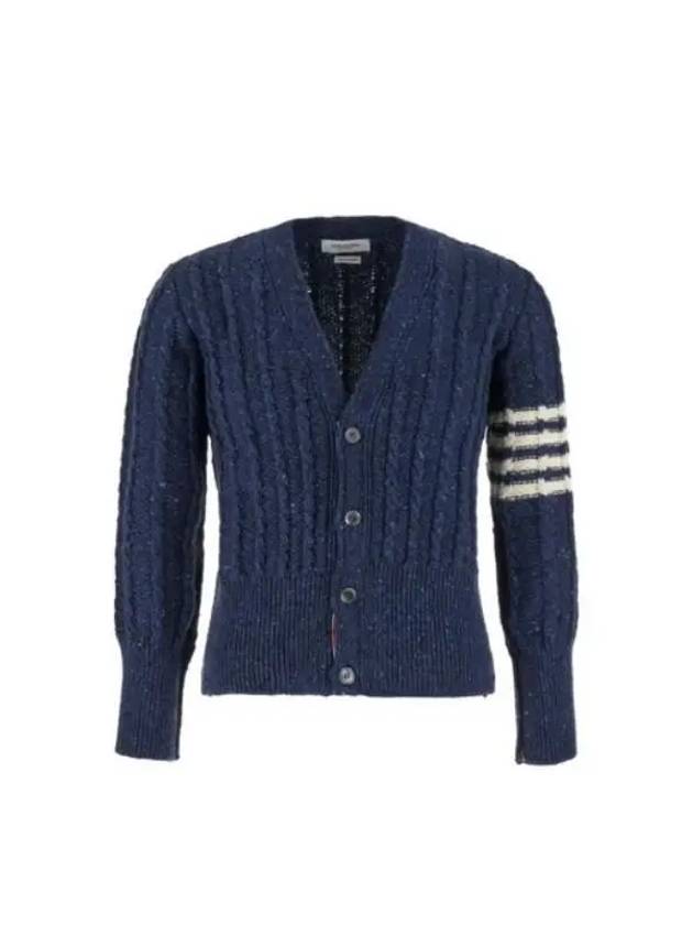 Donegal Twist Cable 4 Bar Classic V Neck Cardigan Blue - THOM BROWNE - BALAAN 2