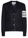 Sustainable Fine Merino Wool 4-Bar Relaxed Fit V-Neck Cardigan Navy - THOM BROWNE - BALAAN 2