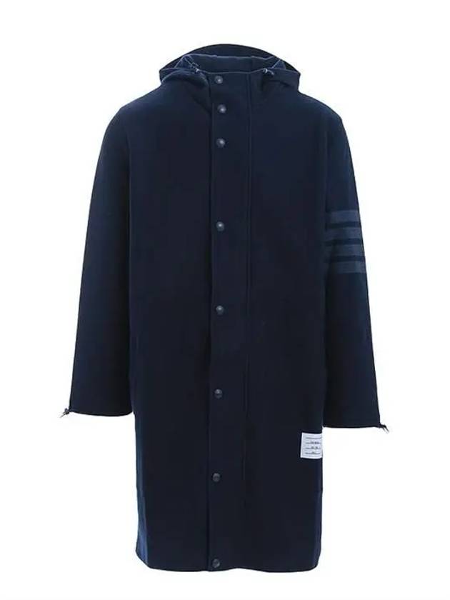 Men's Double Face Tech Twill Diagonal Long Hooded Jacket Navy - THOM BROWNE - BALAAN.