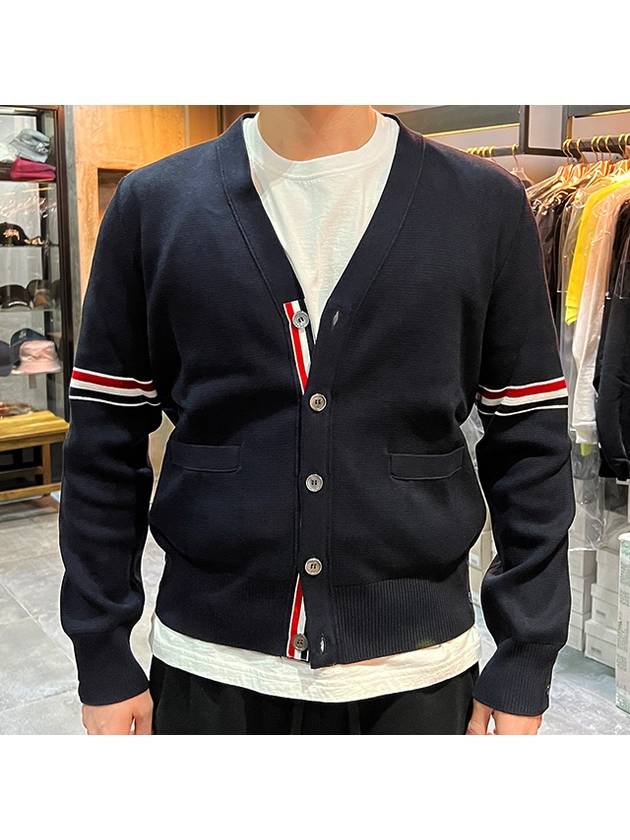 Milano Stitch Sprite Armband Cotton V-neck Cardigan Navy - THOM BROWNE - BALAAN 3