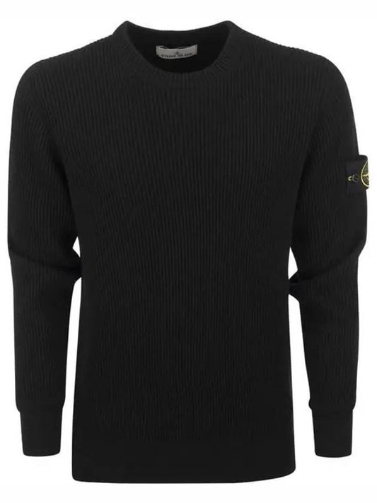 Wappen Patch Crew Neck Ribbed Wool Knit Top Black - STONE ISLAND - BALAAN 2