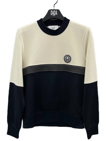 Men's Crew Neck Shiny Fleece Sweatshirt Offwhite Black - AMI - BALAAN 2