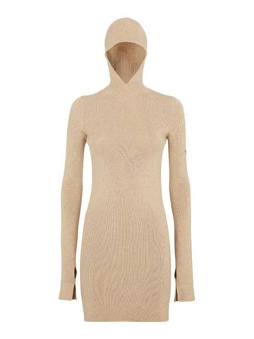 Long Sleeve Hooded Wool Silk Short Dress Beige - FENDI - BALAAN 1