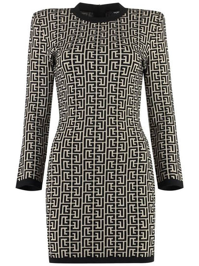 Women's Bicolor Jacquard Monogram Print Wool Blend Short Dress Black - BALMAIN - BALAAN 2