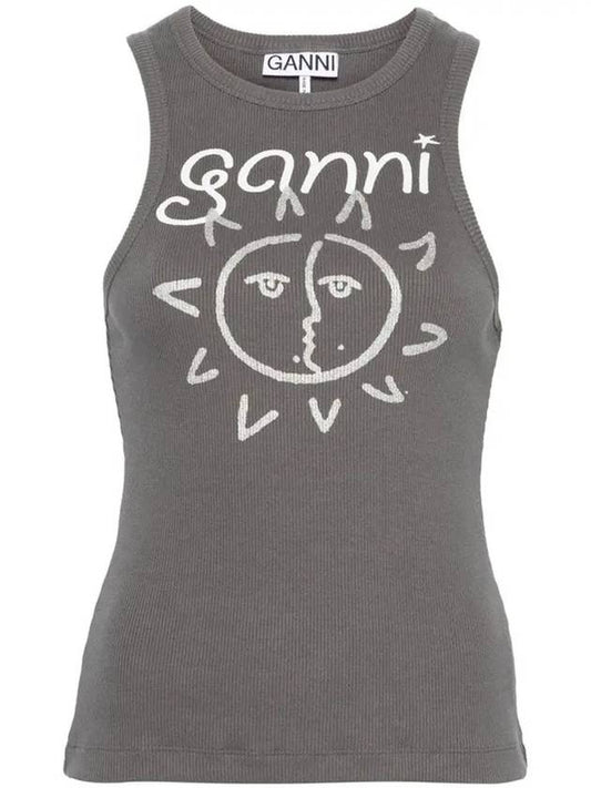 Sun Graphic Print Ribbed Sleeveless Grey - GANNI - BALAAN 2