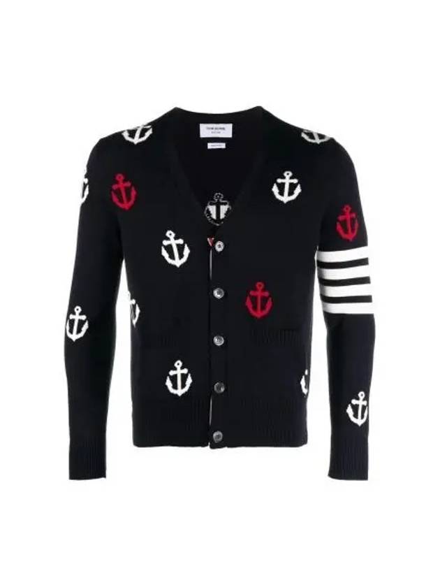 Anchor Intarsia 4-Bar V-Neck Cardigan Navy - THOM BROWNE - BALAAN 2