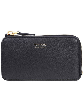 Gold Logo Soft Grain Leather Zipper Medium Wallet Black - TOM FORD - BALAAN.