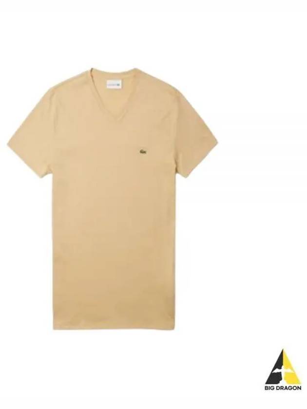 Men's Logo V-Neck Short Sleeve T-shirt Beige - LACOSTE - BALAAN 2