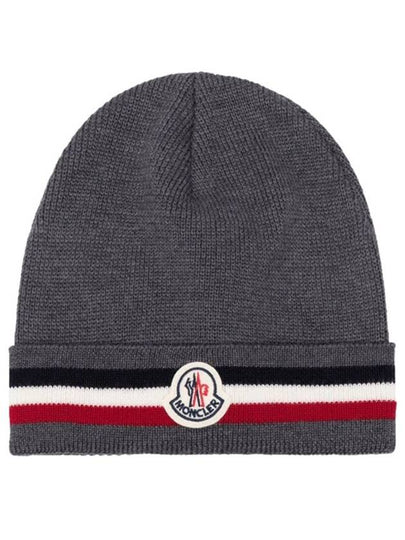 Logo Patch Three Stripes Wool Beanie Grey - MONCLER - BALAAN 2