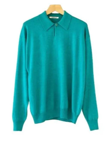 CASHMERE SILK WOOL KNIT POLO AQUA BLUE A24AP02SK - AURALEE - BALAAN 1