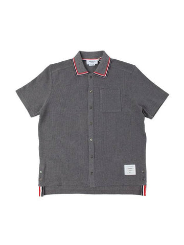 Three-Line Collar Texture Cotton Short Sleeve Shirt Grey - THOM BROWNE - BALAAN 1