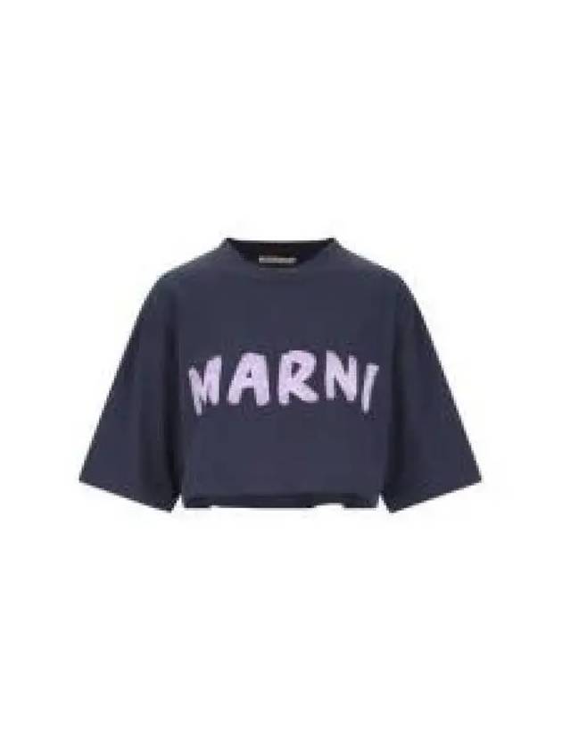 Logo Cotton Crop Short Sleeve T-Shirt Navy - MARNI - BALAAN 2