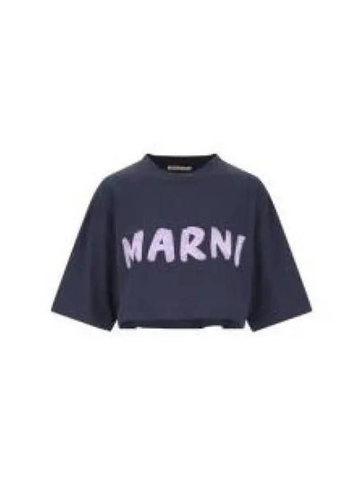 Logo Cotton Crop Short Sleeve T-Shirt Navy - MARNI - BALAAN 2