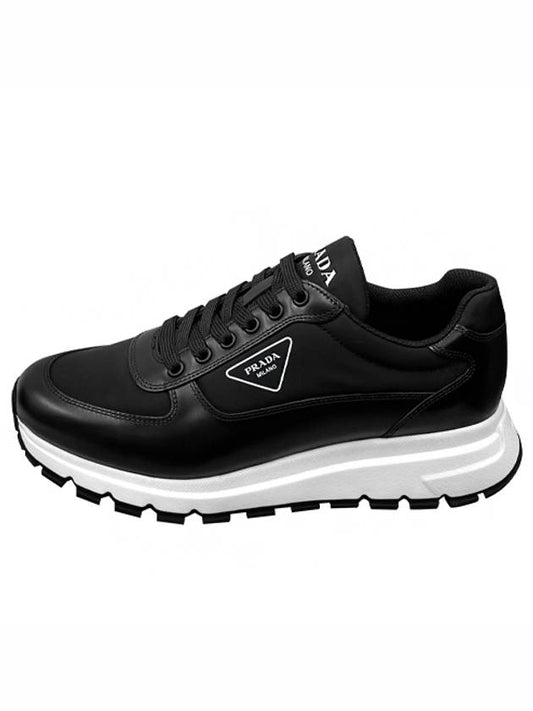 Triangle Logo Fabric Leather Low Top Sneakers Black - PRADA - BALAAN 2