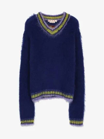 V-Neck Mohair Wool Blend Knit Top Blue - MARNI - BALAAN 2