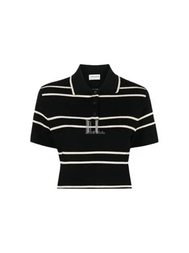 Cassandre Stripe Cotton Crop Polo Shirt Black - SAINT LAURENT - BALAAN 2