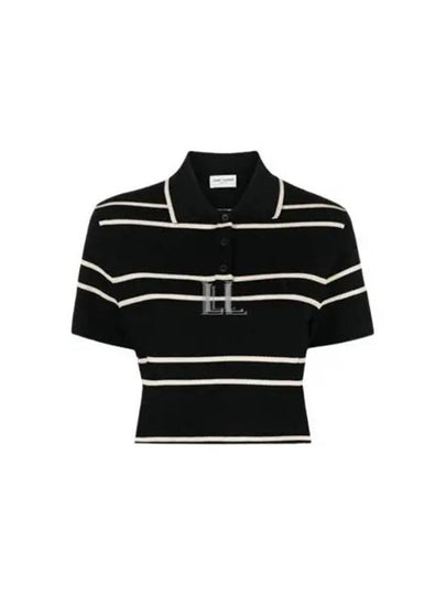 Cassandre Stripe Cotton Crop Polo Shirt Black - SAINT LAURENT - BALAAN 2