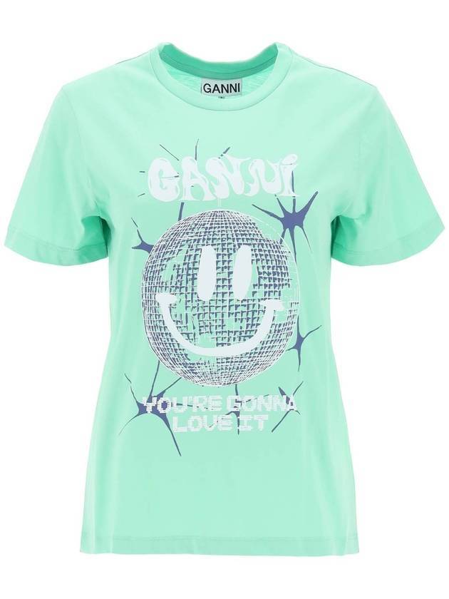 Smiley Relaxation Logo Round Neck Cotton Short Sleeve T-Shirt Green - GANNI - BALAAN 1