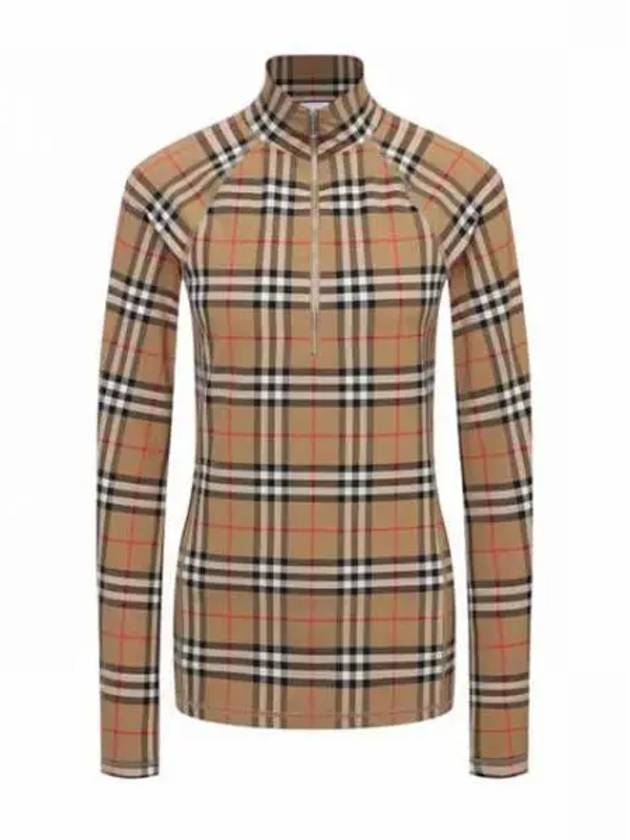 Women's Check Stretch Jersey Half Zip Up Long Sleeve T-Shirt Beige - BURBERRY - BALAAN 2