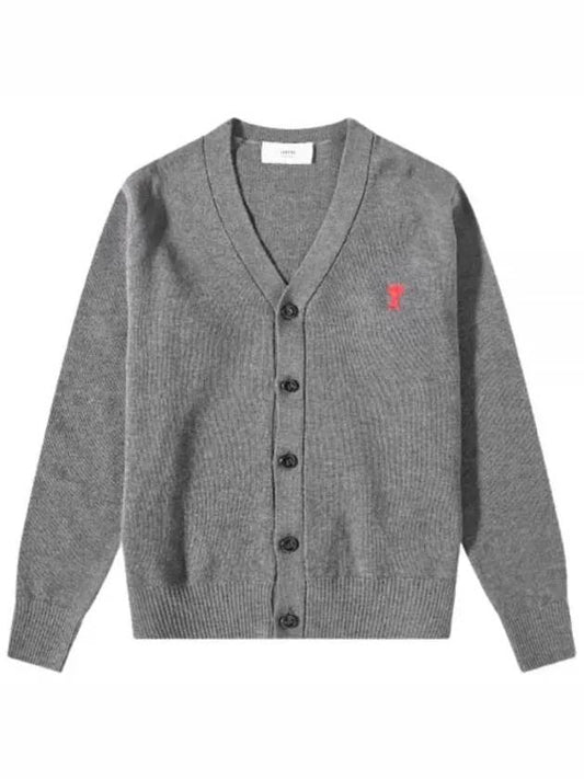 Small Heart Logo Wool Merino Cardigan Grey - AMI - BALAAN 2