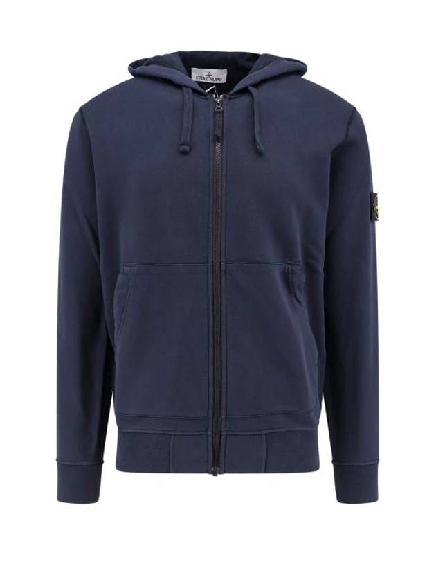 Cotton Fleece Garment Dyed Zip Up Hoodie Navy - STONE ISLAND - BALAAN 1