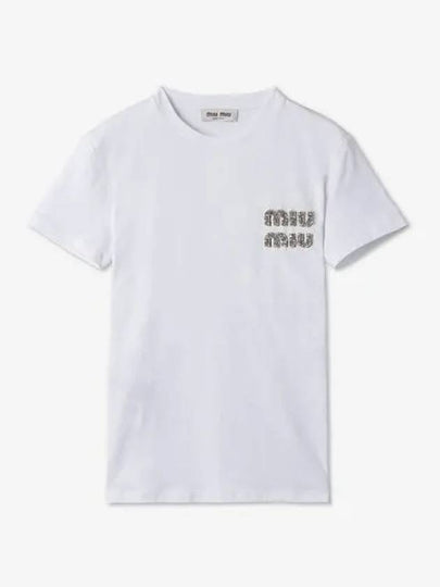 Embroidered Logo Cotton Short Sleeved T-shirt White Crystal - MIU MIU - BALAAN 2