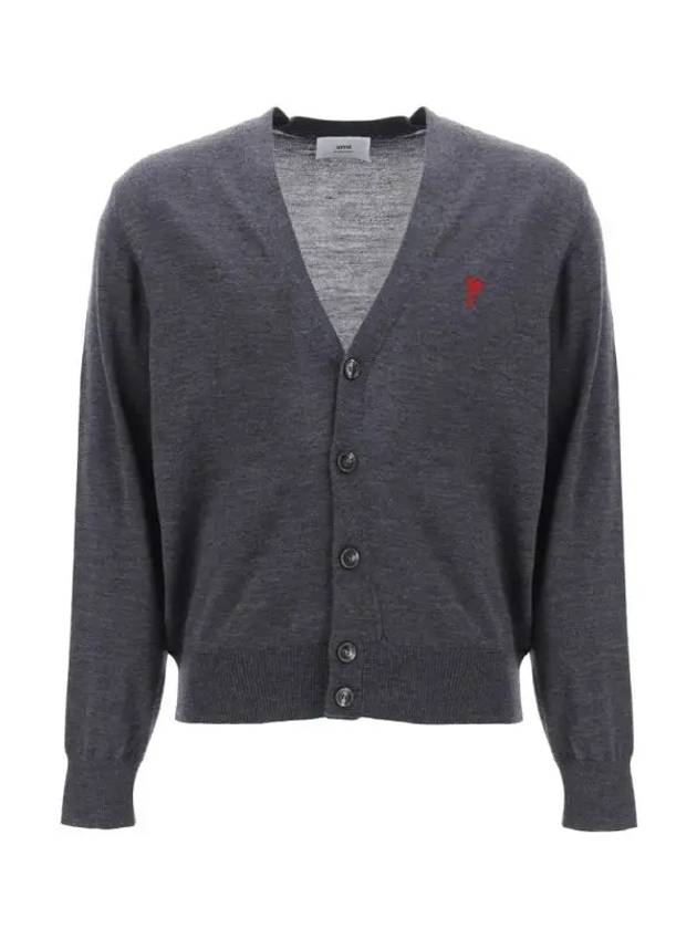 Red Heart Logo Merino Wool Cardigan Heather Grey - AMI - BALAAN 2