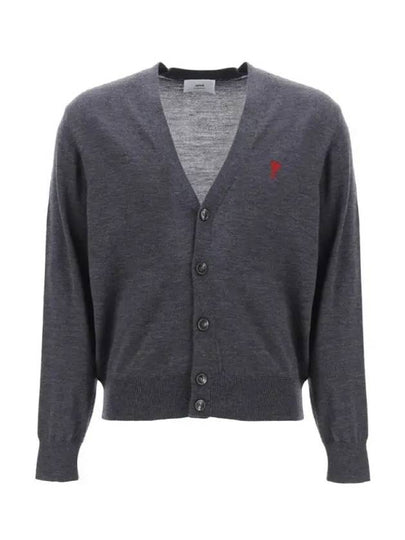 Red Heart Logo Merino Wool Cardigan Heather Grey - AMI - BALAAN 2