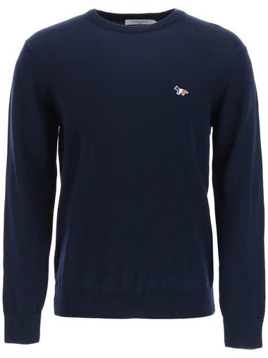 Tricolor Fox Patch Classic Round Neck Knit Top Navy - MAISON KITSUNE - BALAAN 1