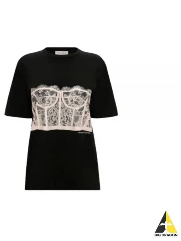 Lace Corset Print Short Sleeves T-Shirt Black - ALEXANDER MCQUEEN - BALAAN 2