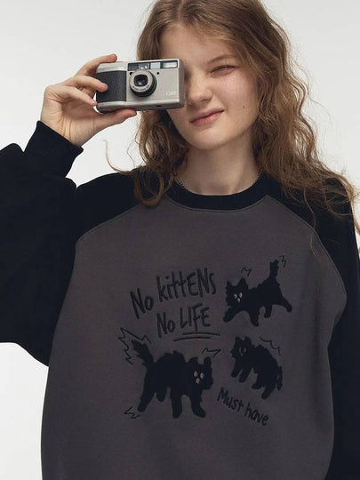 Cat booklet embroidery raglan sweatshirt black charcoal - CPGN STUDIO - BALAAN 2