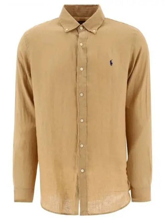 Embroidered Logo Linen Long Sleeve Shirt Brown - POLO RALPH LAUREN - BALAAN 2