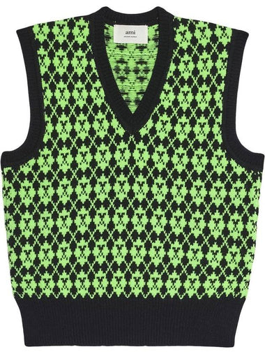 Wool Jacquard V-neck Knit Vest Green - AMI - BALAAN 1