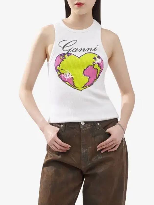 Graphic Rib Heart Tank Cotton Sleeveless White - GANNI - BALAAN 2