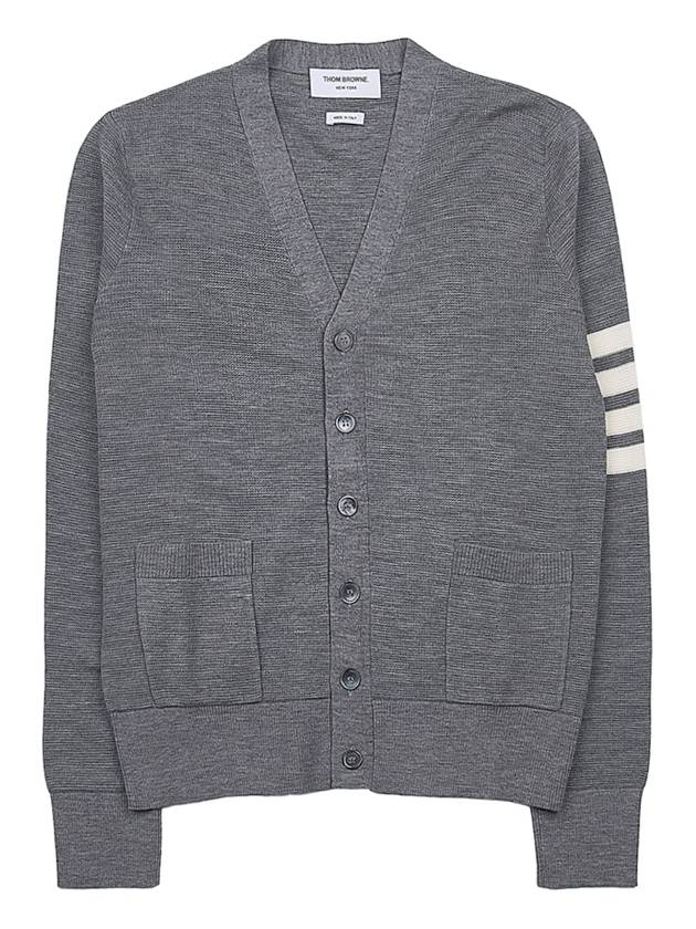 4-Bar Striped Waffle High V-Neck Cardigan Light Grey - THOM BROWNE - BALAAN 11