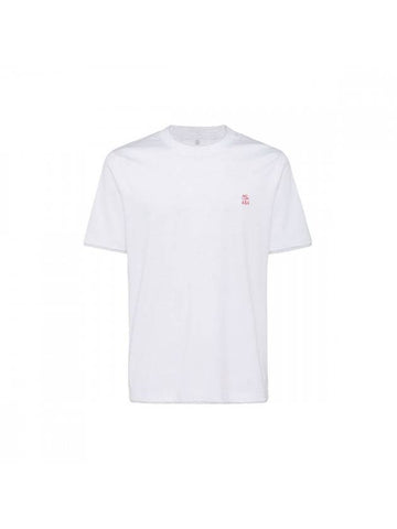 Men's Logo Embroidered Crew Neck Short Sleeve T-Shirt White Red - BRUNELLO CUCINELLI - BALAAN 1